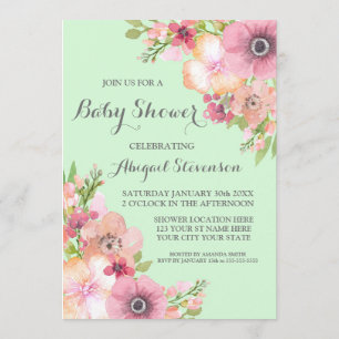 Invitation Baby shower de fleurs d'aquarelle verte à la menth