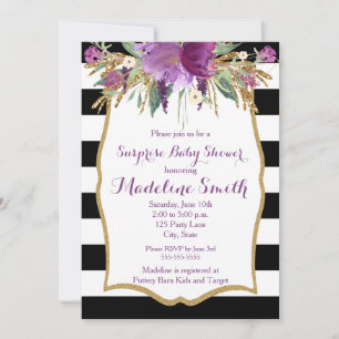 Invitation Baby shower de fleurs d'aquarelle violet et or