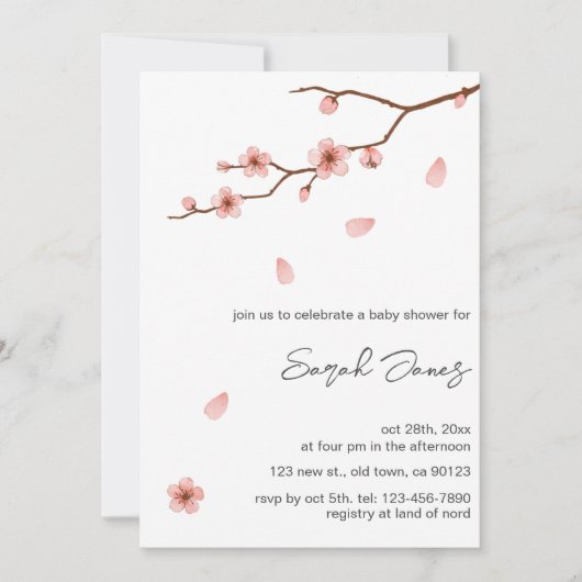 Invitation Baby shower de fleurs de cerisier rose (Devant)