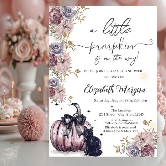Invitation Baby shower de fleurs de Citrouille de chat noir