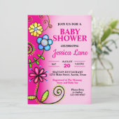 Invitation Baby shower de fleurs de gribouillis roses chaudes (Debout devant)