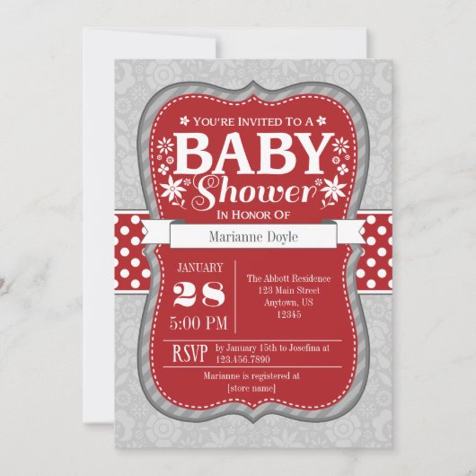 Invitation Baby shower de fleurs de gris rouge (Devant)
