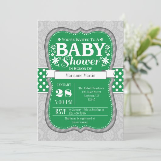 Invitation Baby shower de fleurs de gris vert (Debout devant)