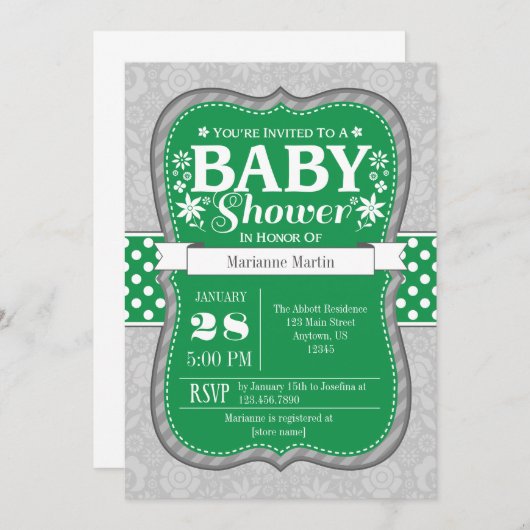 Invitation Baby shower de fleurs de gris vert (Devant / Derrière)