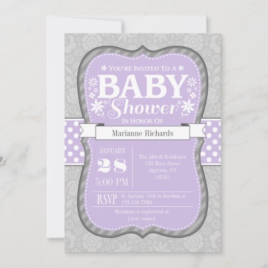 Invitation Baby shower de fleurs de lavande gris (Devant)