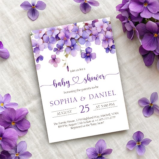 Invitation Baby shower de fleurs de violet délicates au print