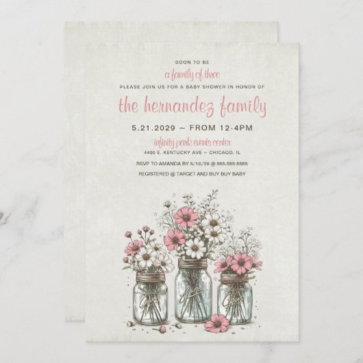 Invitation Baby shower de fleurs en pot Mason rose (Devant / Derrière)