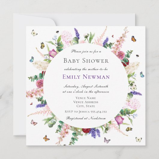 Invitation Baby shower de fleurs et papillons roses (Devant)