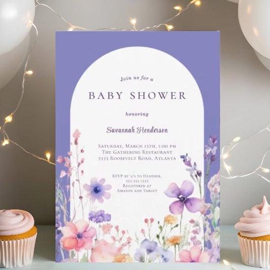 Invitation Baby shower de fleurs pourpre Fleur sauvage d'aqua