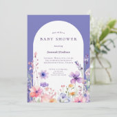 Invitation Baby shower de fleurs pourpre Fleur sauvage d'aqua (Debout devant)