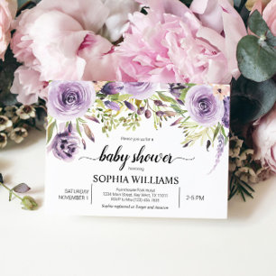Invitation Baby shower de fleurs pourpres et vertes