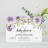 Invitation Baby shower de fleurs pourpres et vertes (Debout devant)