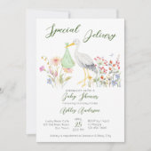 Invitation Baby shower de fleurs printanières de cigogne spéc (Devant)