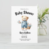 Invitation Baby shower de fleurs roses à l'ours bleu Brown (Debout devant)