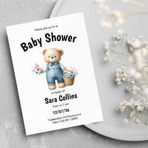 Invitation Baby shower de fleurs roses à l'ours bleu Brown