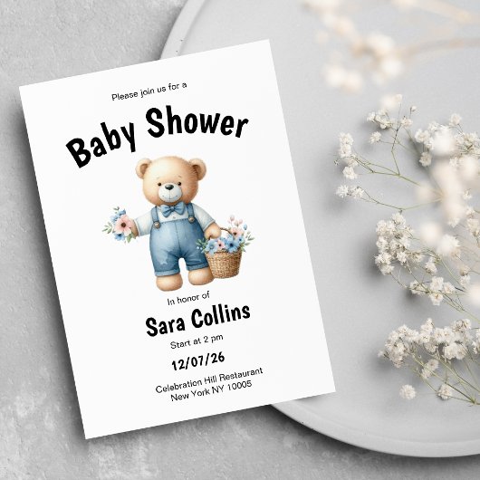 Invitation Baby shower de fleurs roses à l'ours bleu Brown