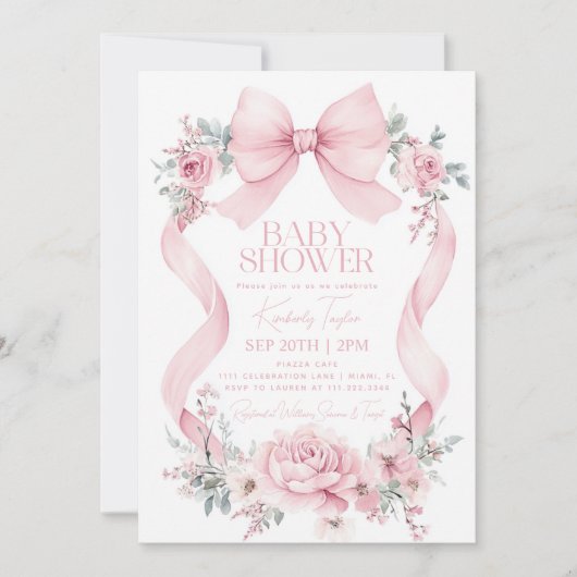 Invitation Baby shower de fleurs Roses Coquette Bow rose (Devant)