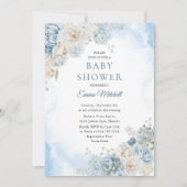 Invitation Baby shower de fleurs Roses en bleu de Bohême (Devant)