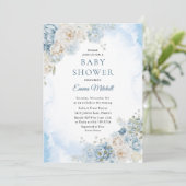 Invitation Baby shower de fleurs Roses en bleu de Bohême (Debout devant)