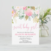 Invitation baby shower de fleurs roses et dorées de petite fi (Debout devant)