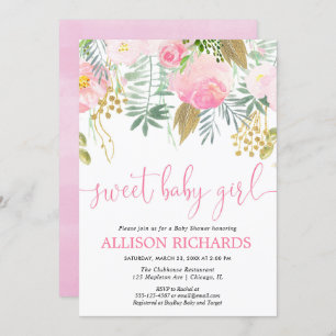 Invitation baby shower de fleurs roses et dorées de petite fi