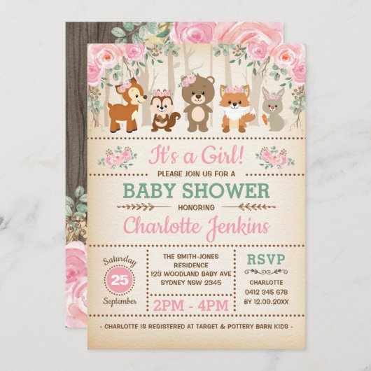 Invitation Baby shower de fleurs rousses de forêt rustique (Devant / Derrière)