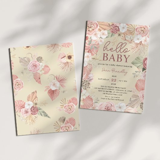 Invitation Baby shower de fleurs séchées tropicales en terre 