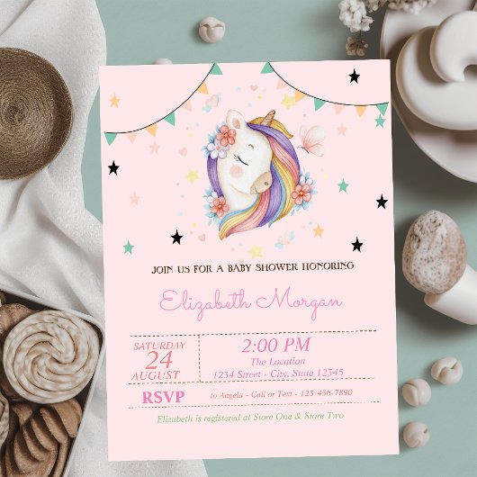 Invitation Baby shower de fleurs Unicorn mignonnes