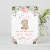 Invitation Baby shower de fleurs vert et rose de l'ours Sage (Debout devant)