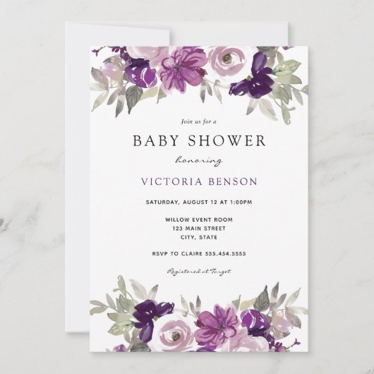 Invitation Baby shower de fleurs violettes (Devant)