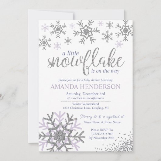 Invitation Baby shower de flocon de neige de la lavande d'hiv (Devant)