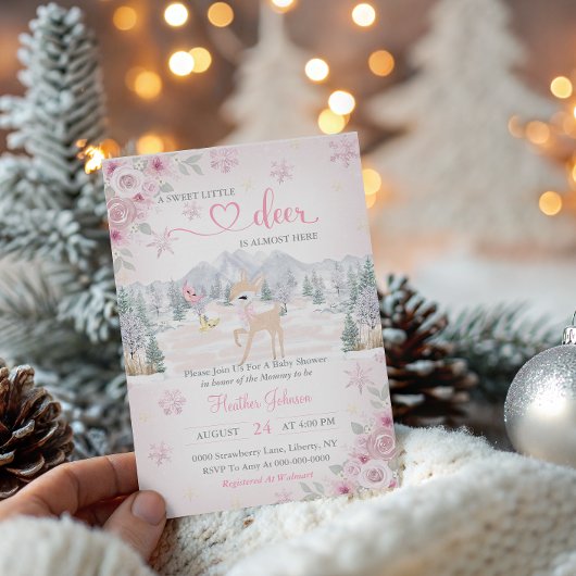 Invitation Baby shower de flocon rose cerf d'hiver