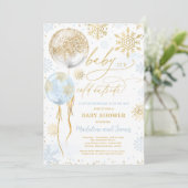 Invitation Baby shower de flocons d'hiver bleu et or (Debout devant)