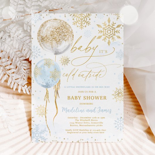Invitation Baby shower de flocons d'hiver bleu et or