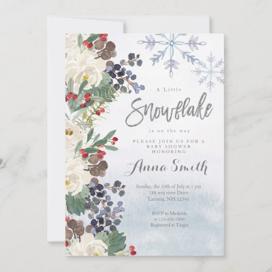 Invitation Baby shower de flocons d'hiver en argent (Devant)