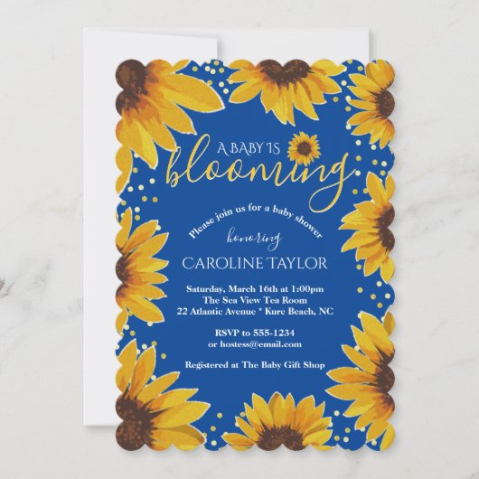 Invitation Baby shower de floraison Bleu & Or Sunflower Baby (Devant)