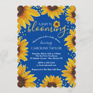 Invitation Baby shower de floraison Bleu & Or Sunflower Baby