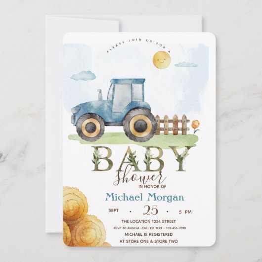 Invitation Baby shower de foin de tracteur de ferme aquarelle (Devant)