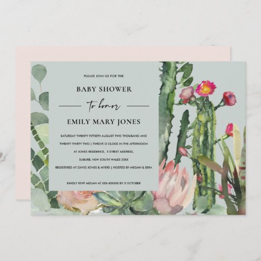 INVITATION BABY SHOWER DE FOLIAGE FLORAL CACTUS ROSE BOHO GRA (Devant / Derrière)