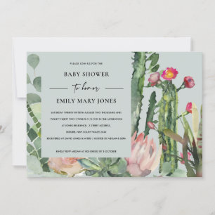 INVITATION BABY SHOWER DE FOLIAGE FLORAL CACTUS ROSE BOHO GRA