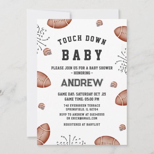 Invitation Baby shower de football américain Touchdown person (Devant)