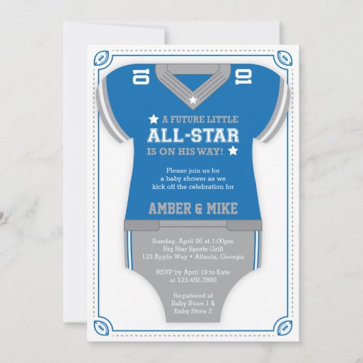 Invitation Baby shower de football Invitation, bleu, gris (Devant)
