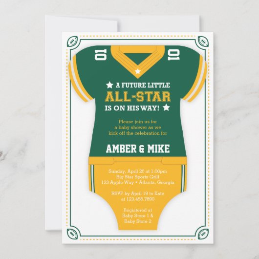 Invitation Baby shower de football Invitation, Vert, Or (Devant)