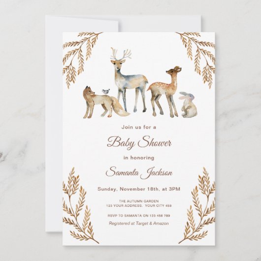 Invitation Baby shower de forêt d'animaux (Devant)