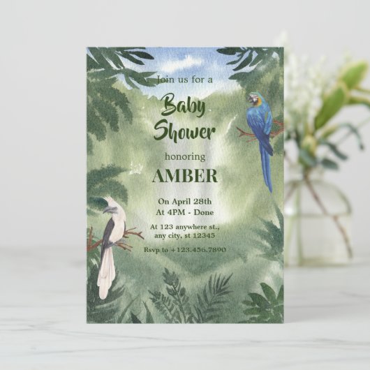 Invitation Baby shower de forêt de perroquets vert (Debout devant)
