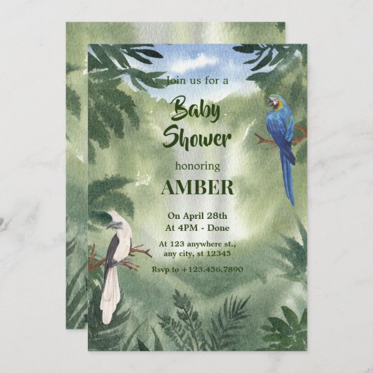 Invitation Baby shower de forêt de perroquets vert (Devant / Derrière)