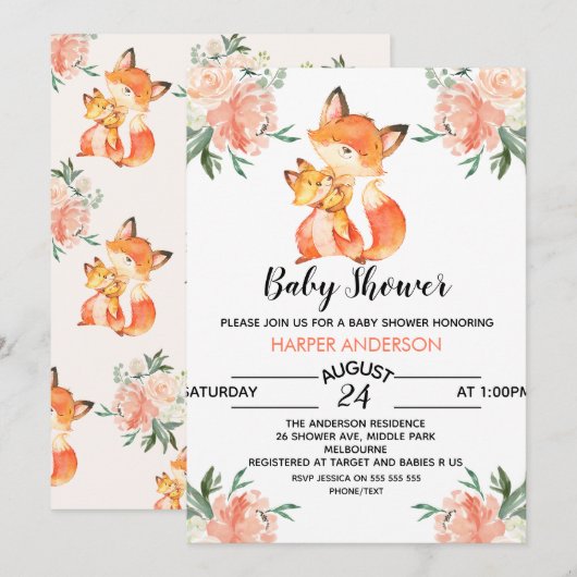 Invitation Baby shower de Fox aquarelle (Devant / Derrière)