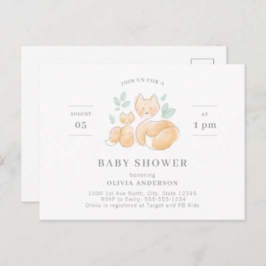 Invitation Baby shower de Fox aquarelle (Devant / Derrière)