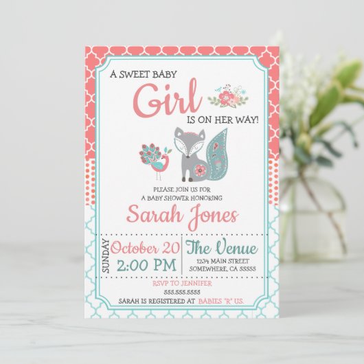 Invitation Baby shower de Fox bébé - Fille (Debout devant)