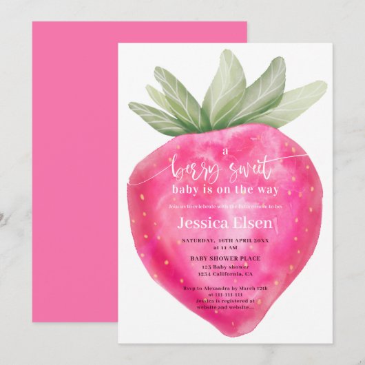 Invitation Baby shower de fraise aux airelles roses (Devant / Derrière)